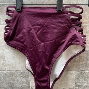 ❤️ PINK HIGH WAISTED CUT OUT SIDES BURGUNDY BIKINI BOTTOM SIZE SMALL